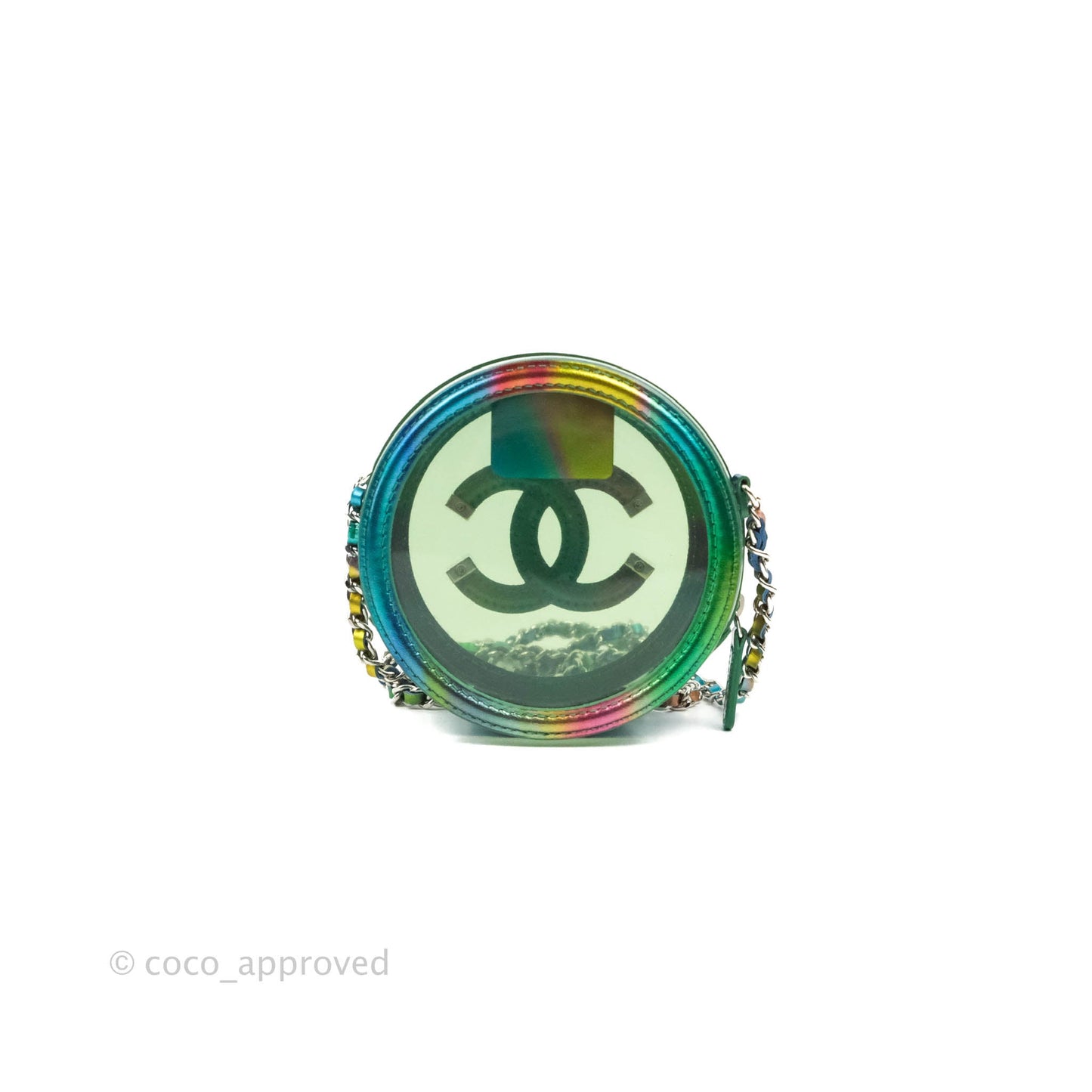 Chanel Filigree Rainbow Green PVC Round Clutch With Chain Silver Hardware 20C