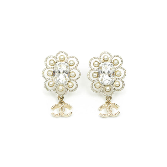 Chanel Crystal Pearl Drop CC Earrings Clip-On Gold Tone 19P
