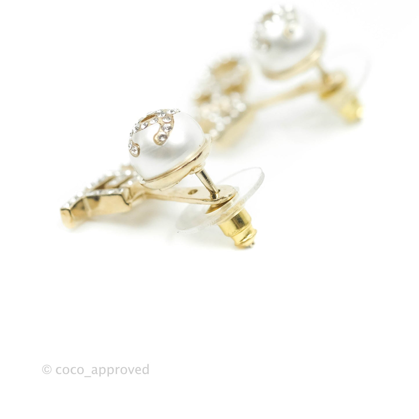 Chanel CC Pearl Rhinestone Earrings Gold Tone 21A