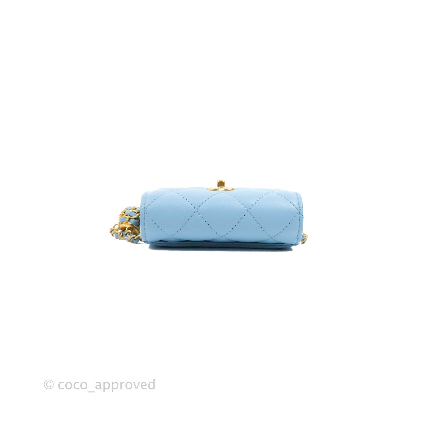 Chanel Pearl Crush Mini Clutch With Chain Blue Lambskin Aged Gold Hardware