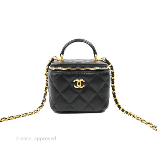 Chanel Mini Top Handle Vanity With Chain Black Lambskin Gold Hardware