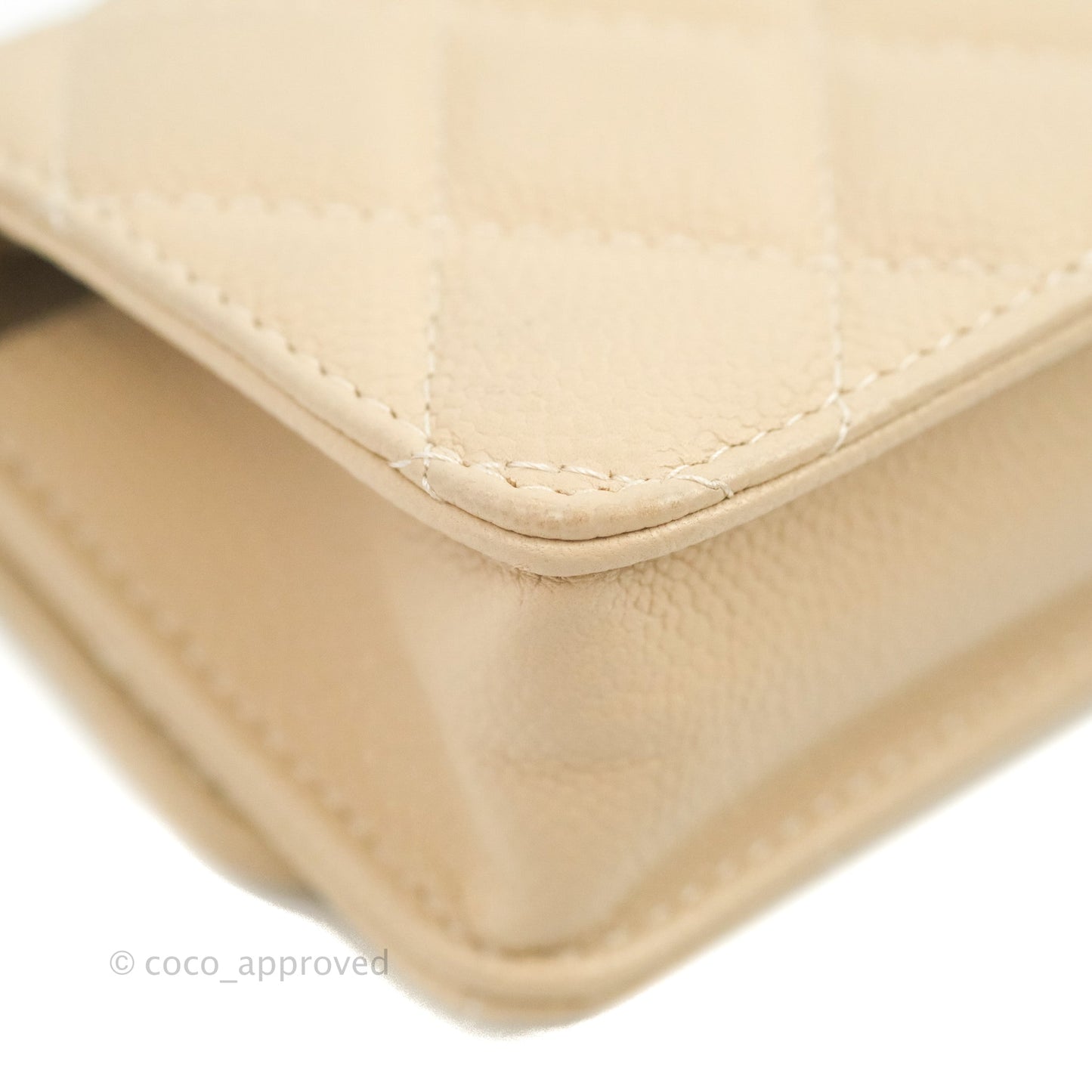 Chanel Quilted Card Holder with CC Chain Beige Caviar Gold Hardware