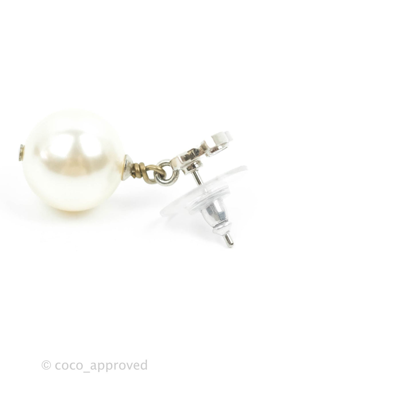 Chanel CC Rhinestone Pearl Drop Earrings Silver Tone