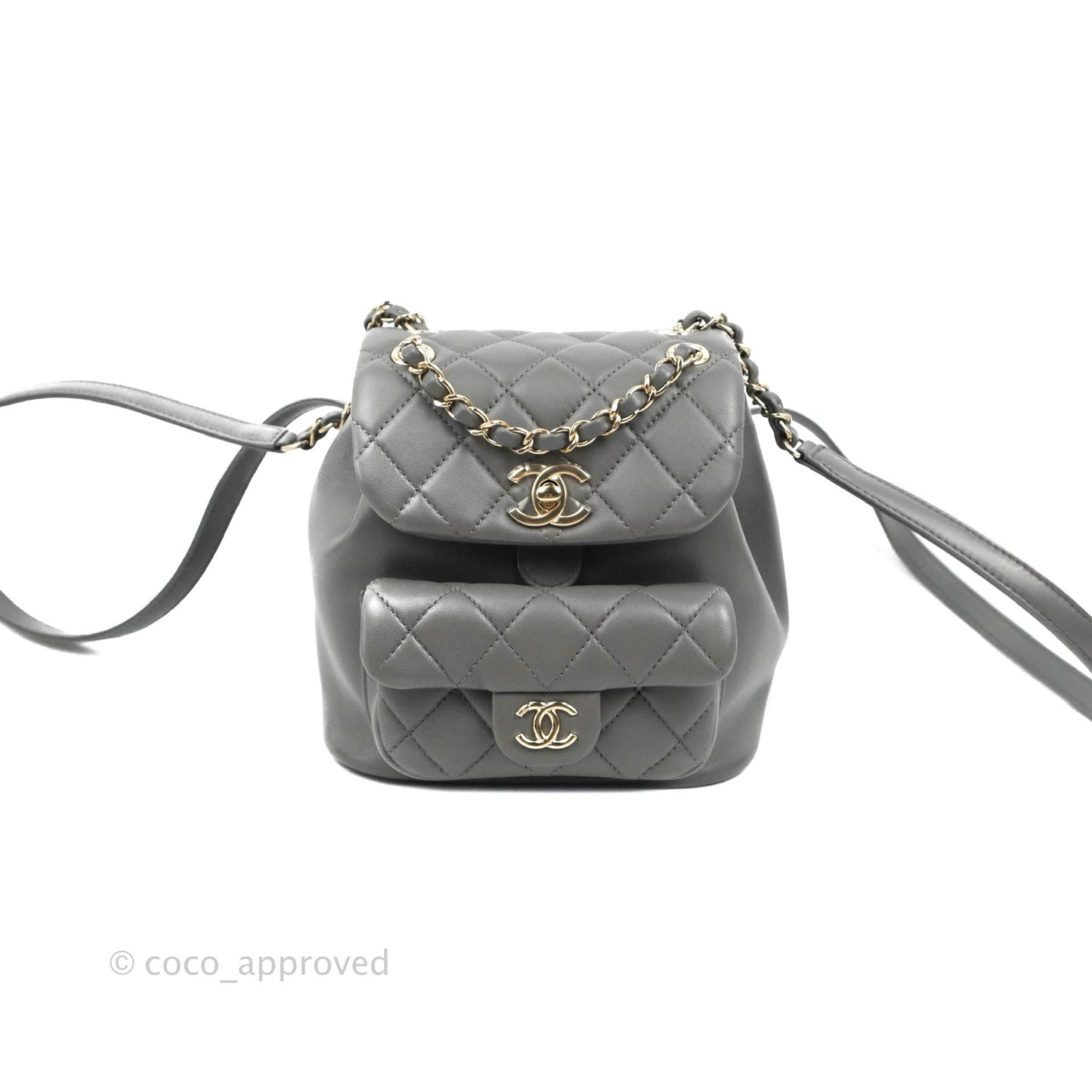Chanel Quilted Small Duma Drawstring Backpack Grey Lambskin Gold Hardware 22A