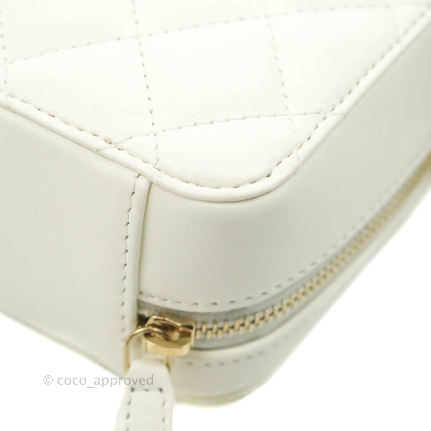 Chanel Mini Pearl Crush Quilted Camera Case White Lambskin Aged Gold Hardware