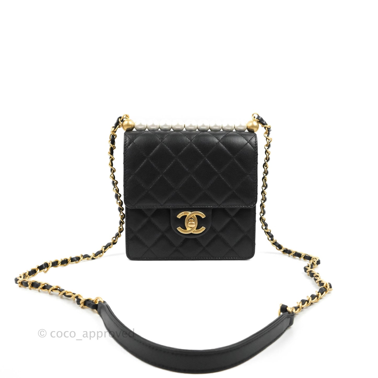 Chanel Quilted Chic Pearls Flap Black Goatskin Aged Gold Hardware