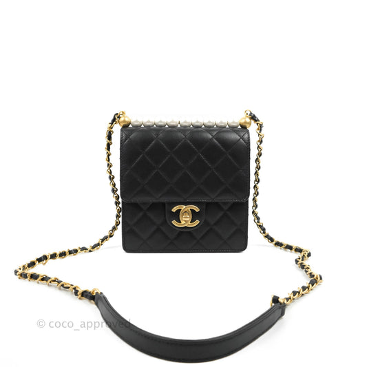 Chanel Quilted Chic Pearls Flap Black Goatskin Aged Gold Hardware