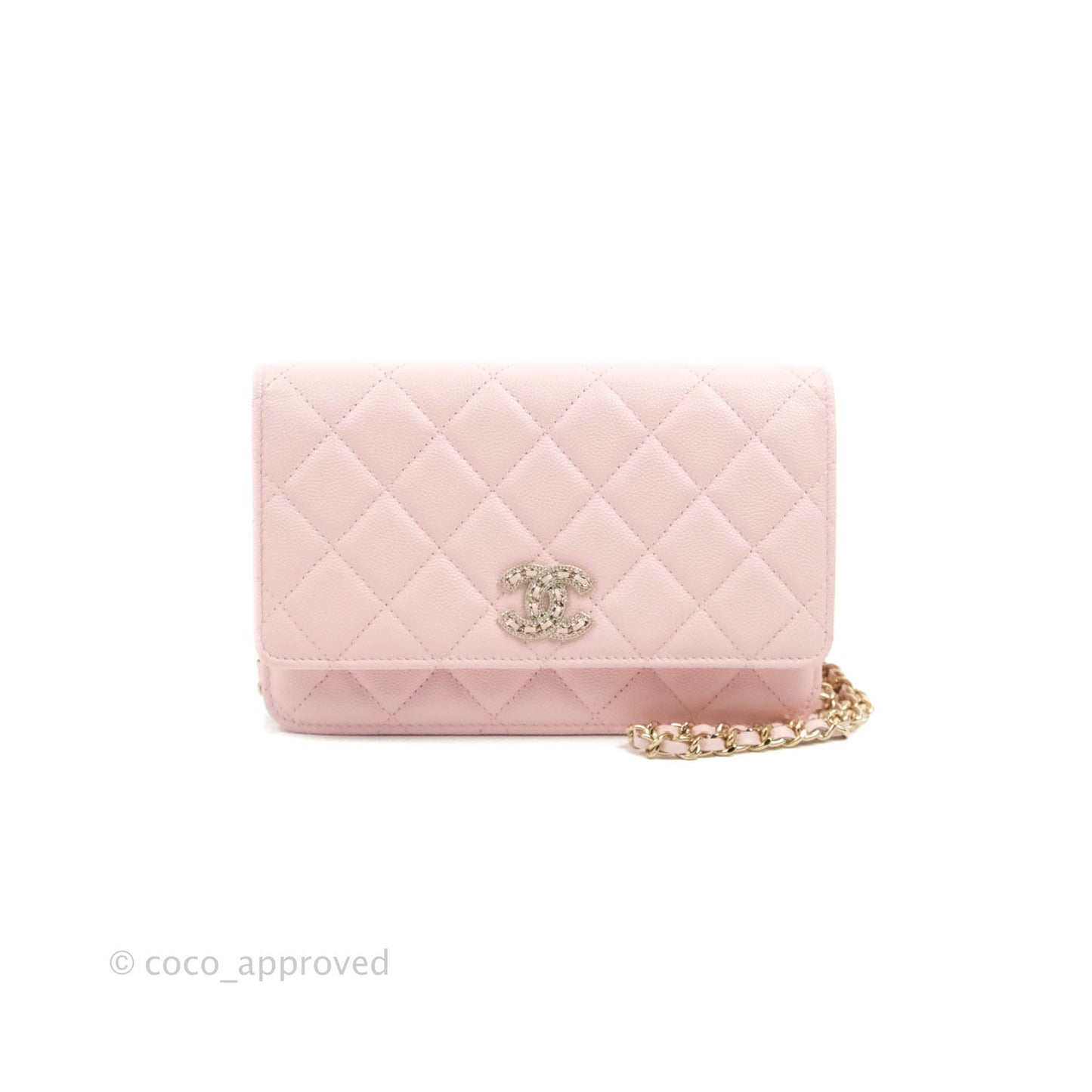 Chanel Quilted Wallet on Chain WOC Crystal Braided CC Light Pink Caviar Gold Hardware