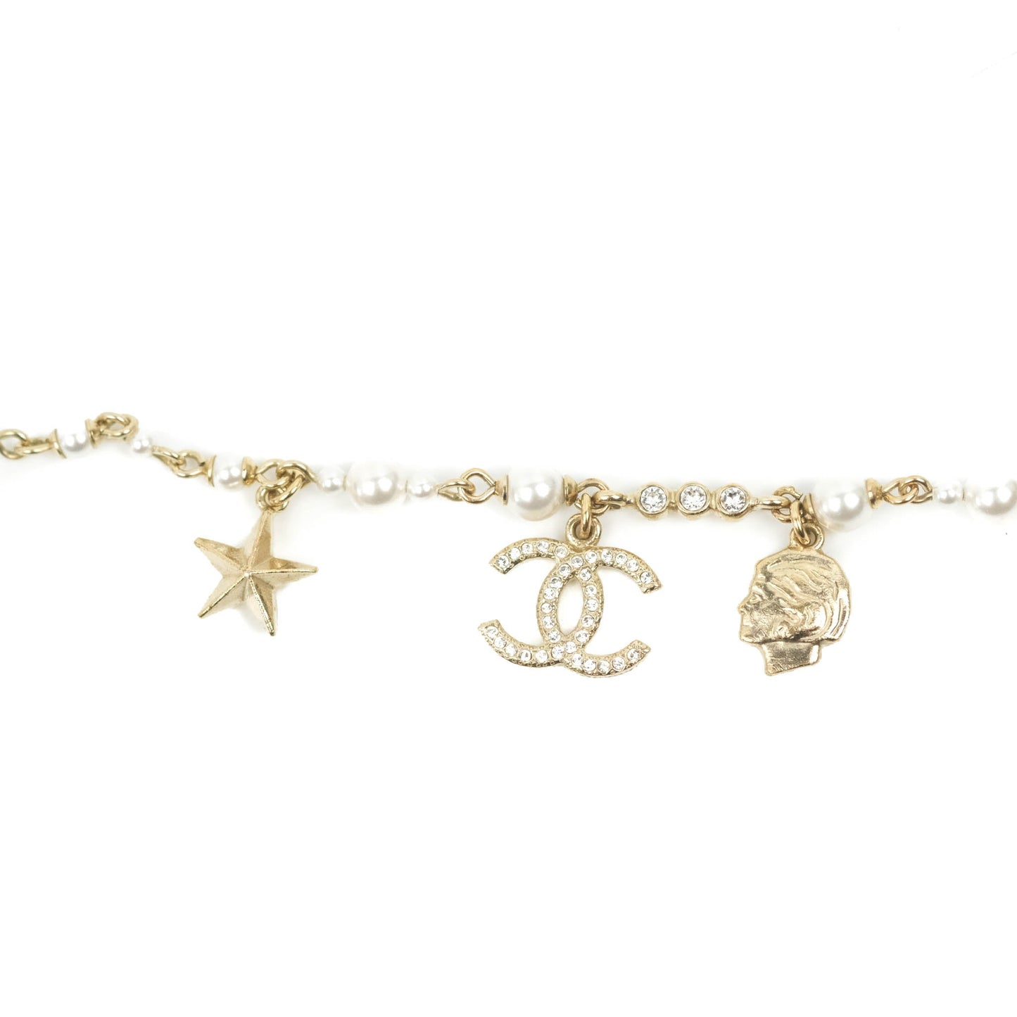 Chanel CC Crystal Pearl Charm Bracelet Gold Tone 20C