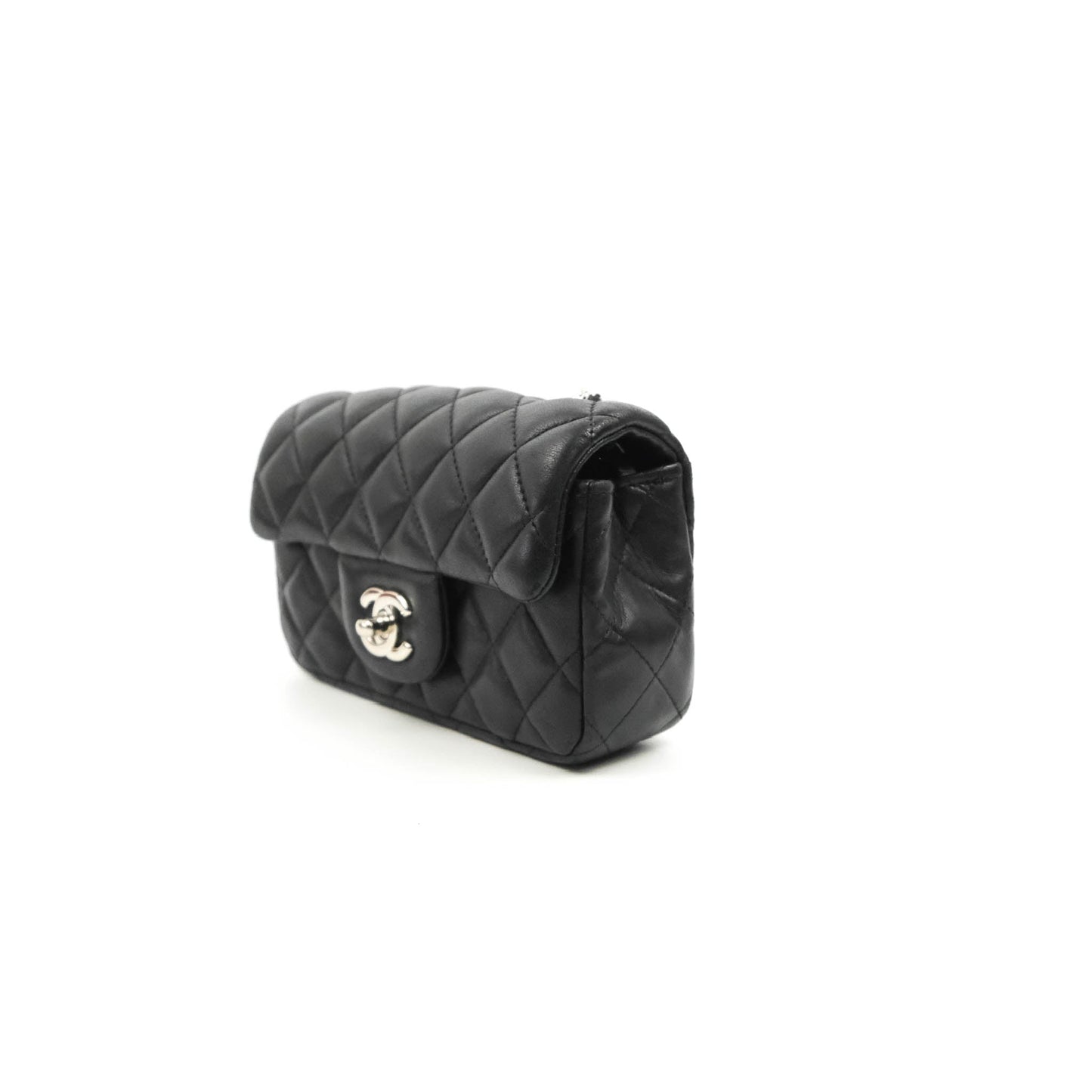 Chanel Quilted Extra Mini Rectangular Flap Black Lambskin Silver Hardware