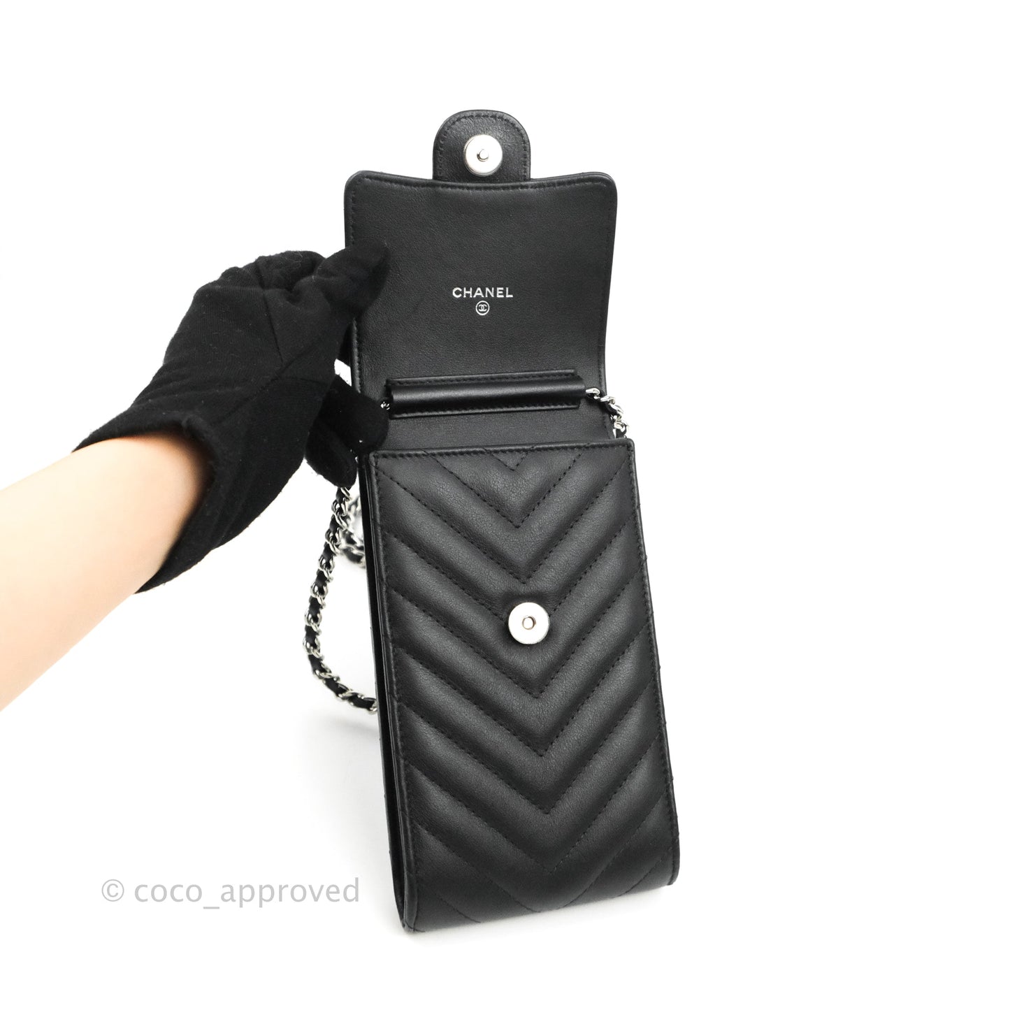 Chanel Classic Chevron Phone Holder Calfskin Black Silver Hardware