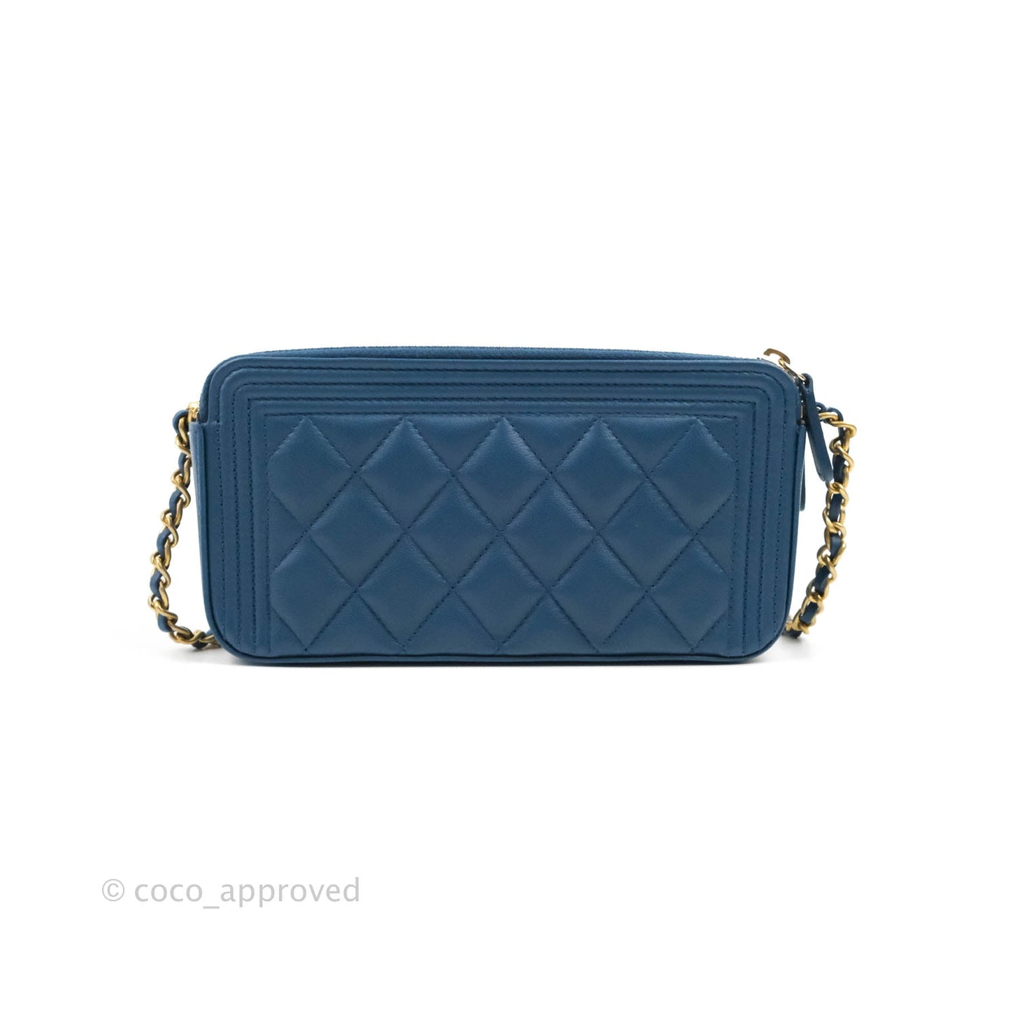 Chanel Boy Double Zip Clutch On Chain Blue Lambskin Aged Gold Hardware