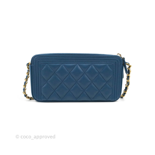Chanel Boy Double Zip Clutch On Chain Blue Lambskin Aged Gold Hardware