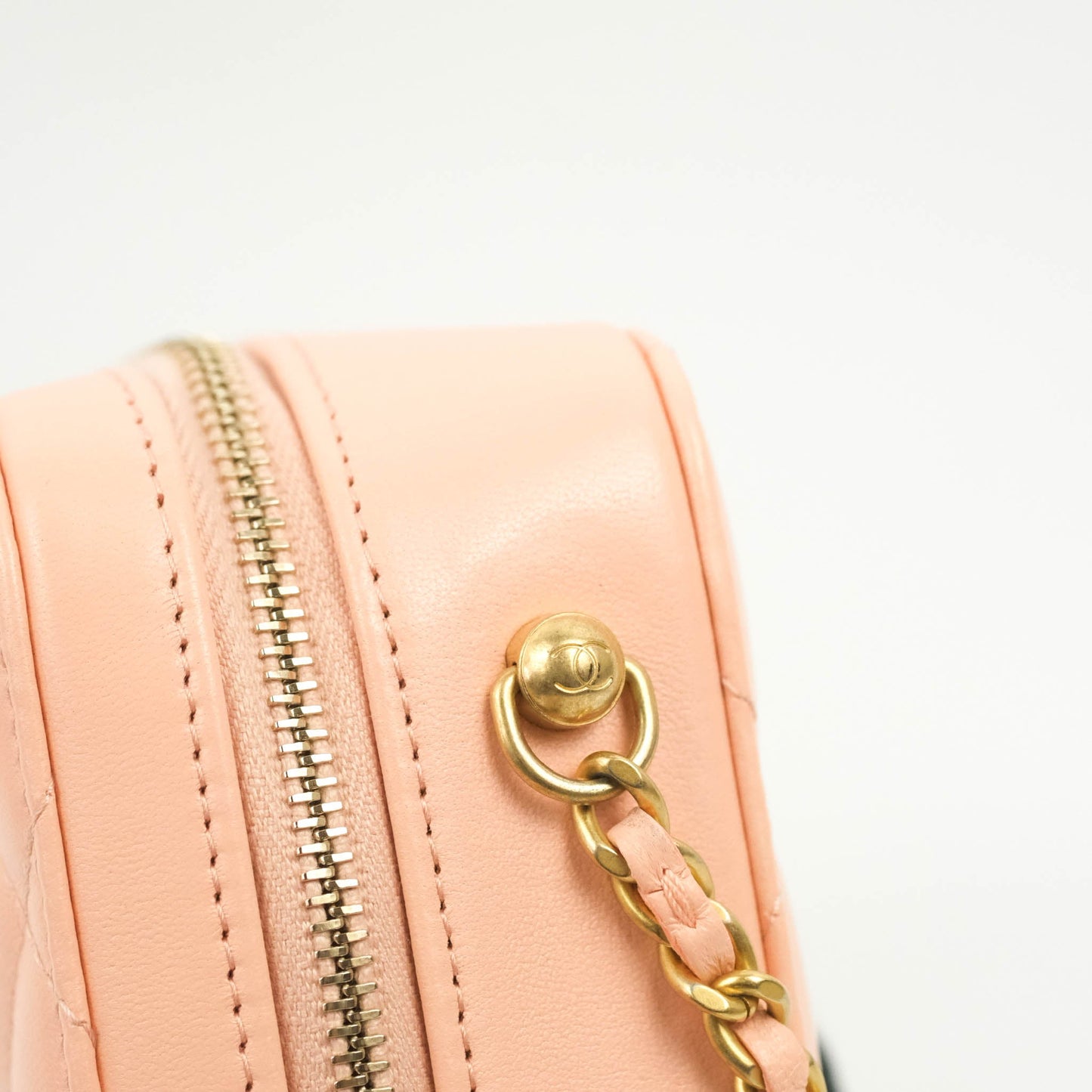 Chanel Mini Pearl Crush Quilted Camera Case Beige Pink Lambskin Aged Gold Hardware
