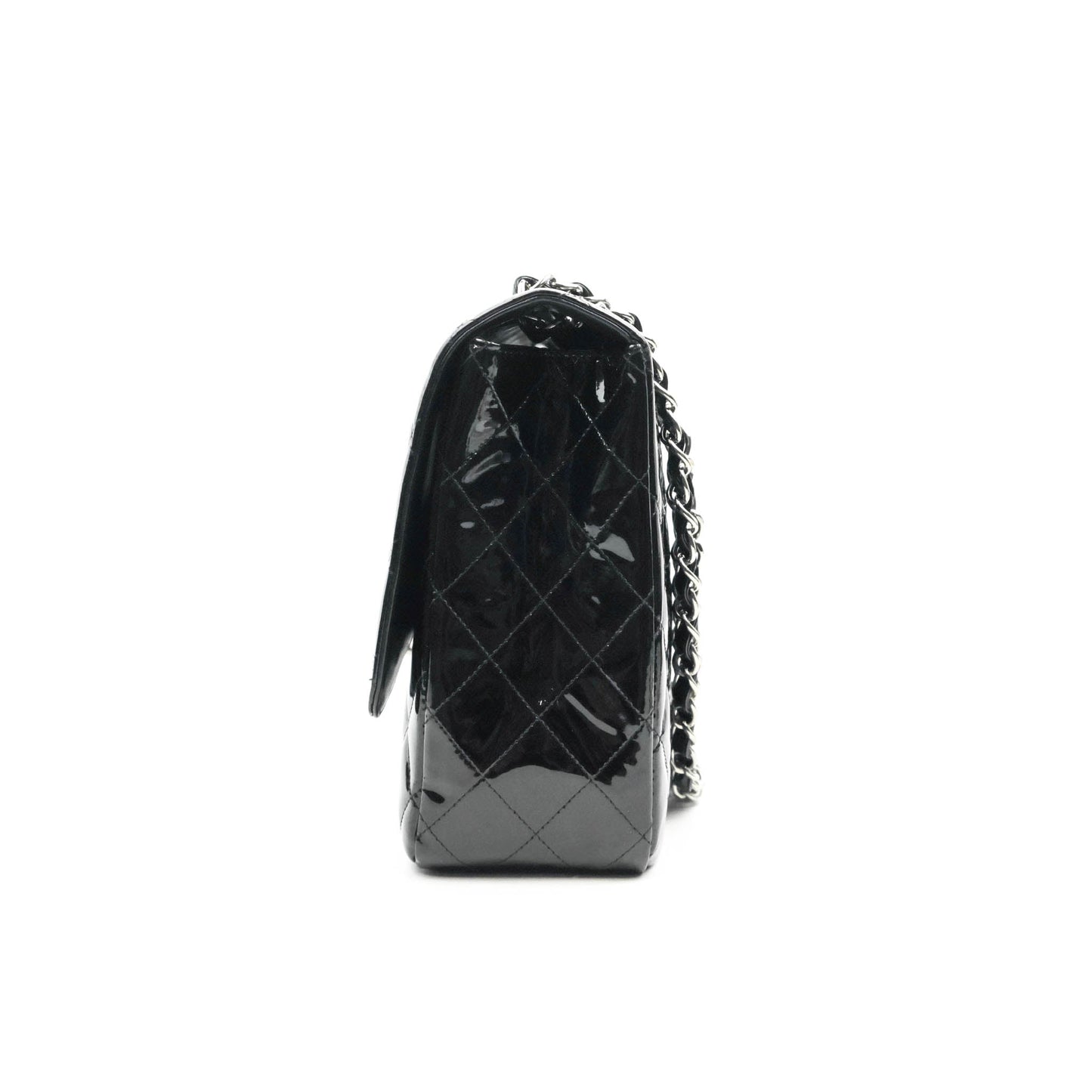 Chanel Quilted Maxi Single Flap Black Patent Silver Hardware