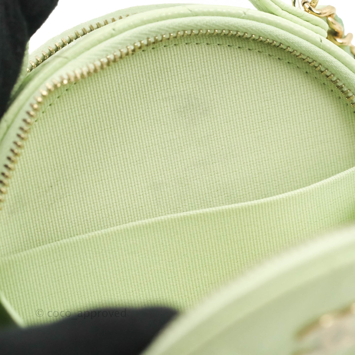 Chanel Mini Round Vanity Bag Handle With Care Light Green Caviar 22C