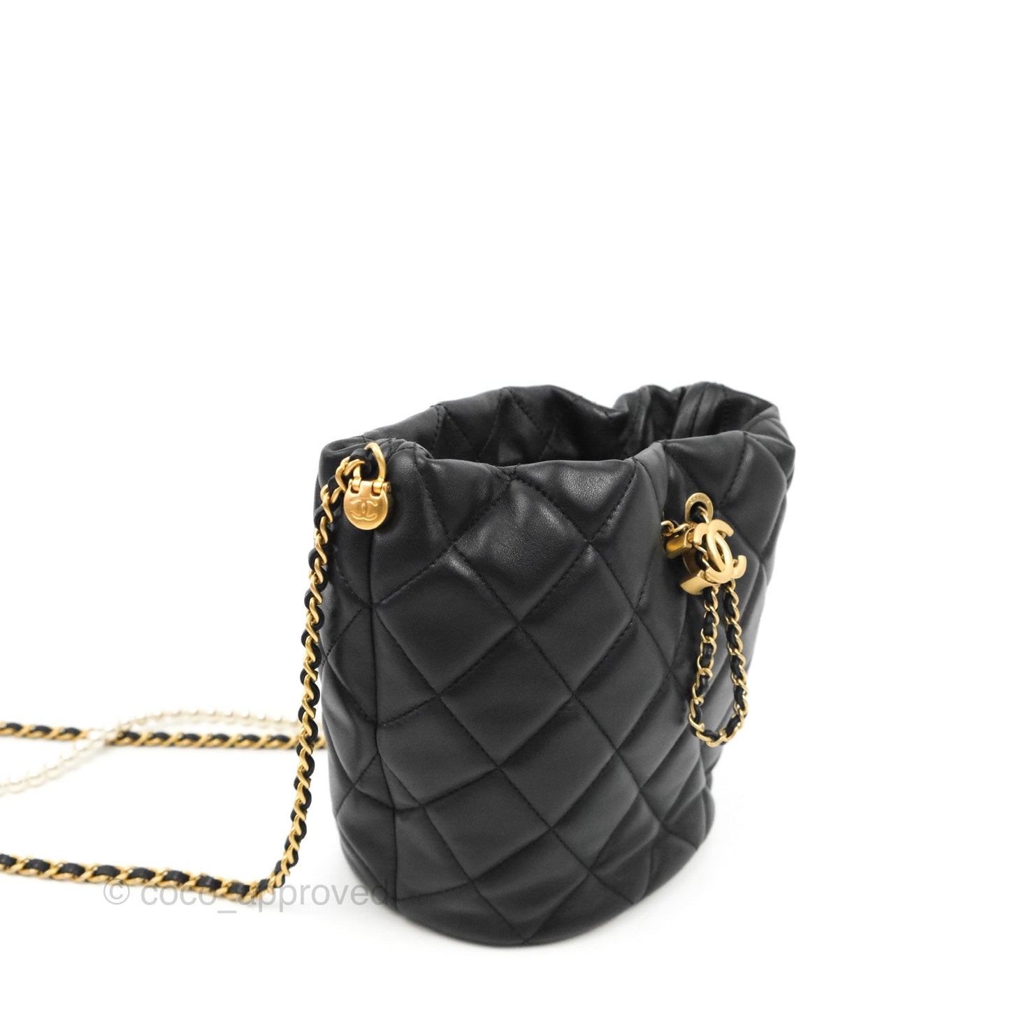 Chanel Quilted My Perfect CC Bucket Drawstring Bag Black Lambskin