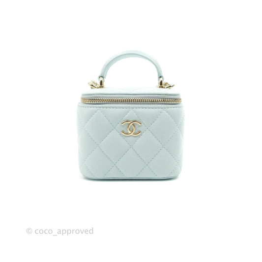 Chanel Mini Top Handle Vanity With Chain Light Blue Lambskin Gold Hardware