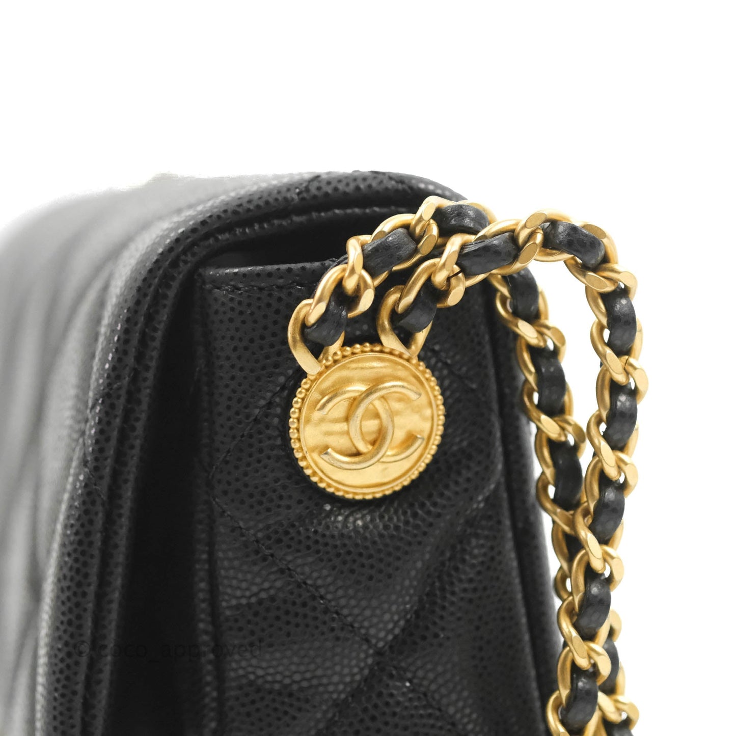 Chanel Small Flap with Coin Charm Black Caviar Aged Gold Hardware 22A