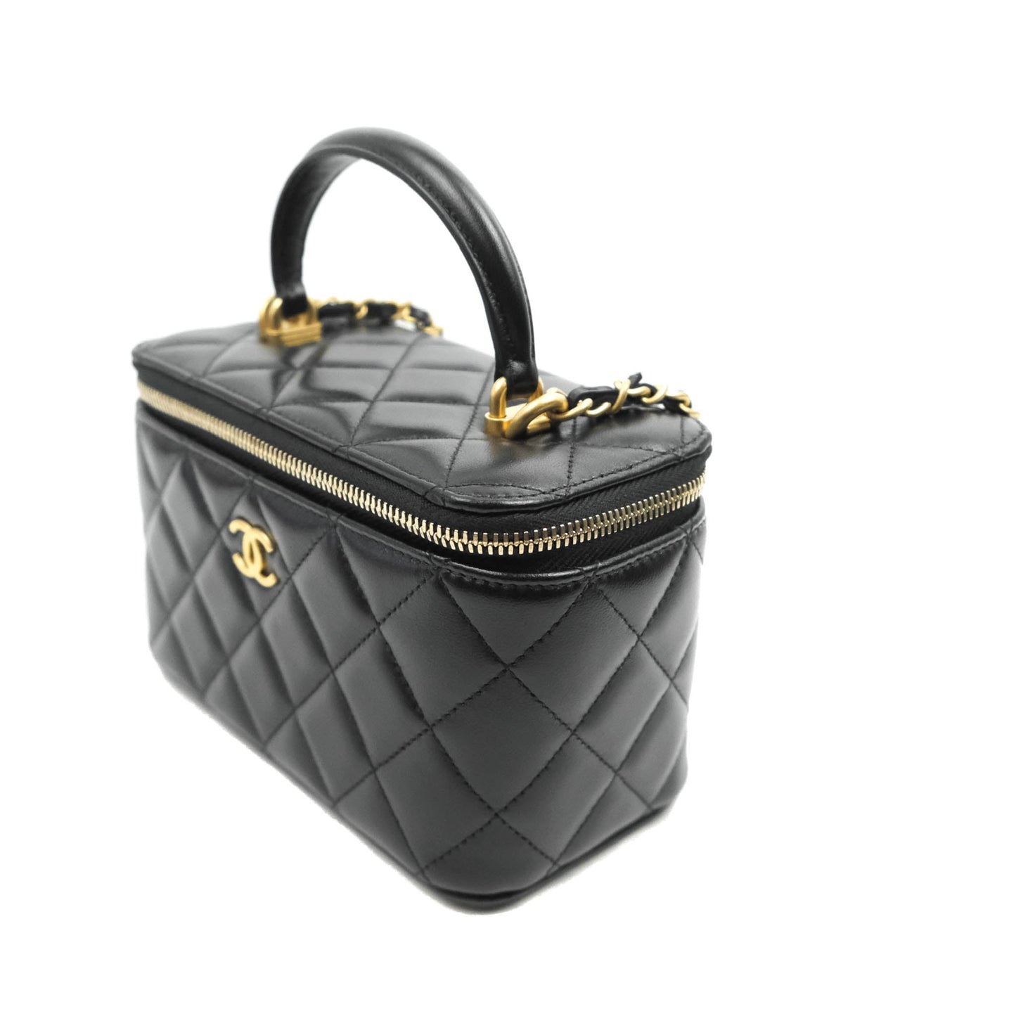 Chanel Classic Vanity Rectangular Top Handle With Chain Black Lambskin Aged Gold Hardware