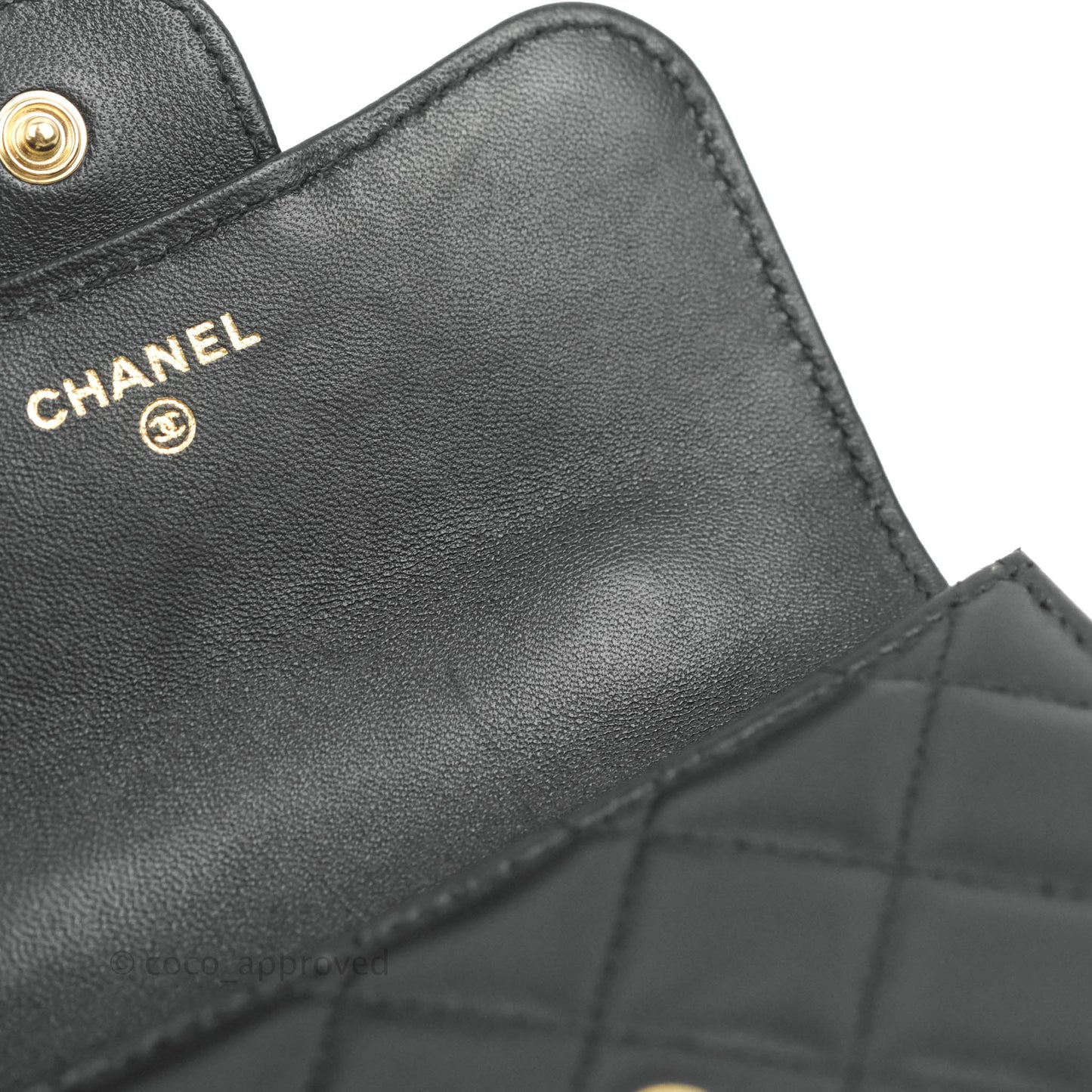 Chanel Mini Handle Flap Coin Purse With Chain Black Lambskin Gold Hardware
