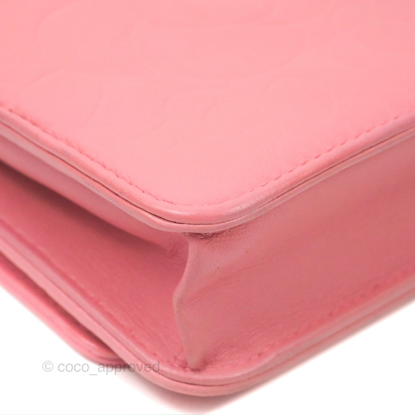 Chanel Camellia Embossed Wallet On Chain WOC Pink Lambskin Silver Hardware