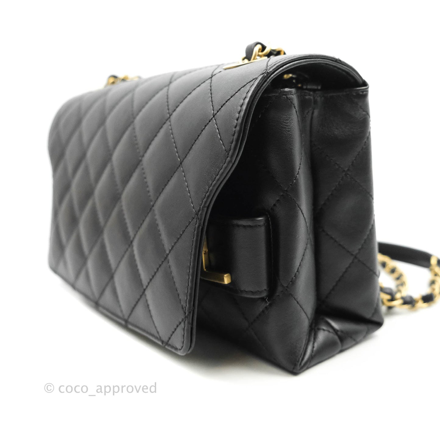 Chanel Logo Enchained Flap Bag Black Calfskin Gold Hardware