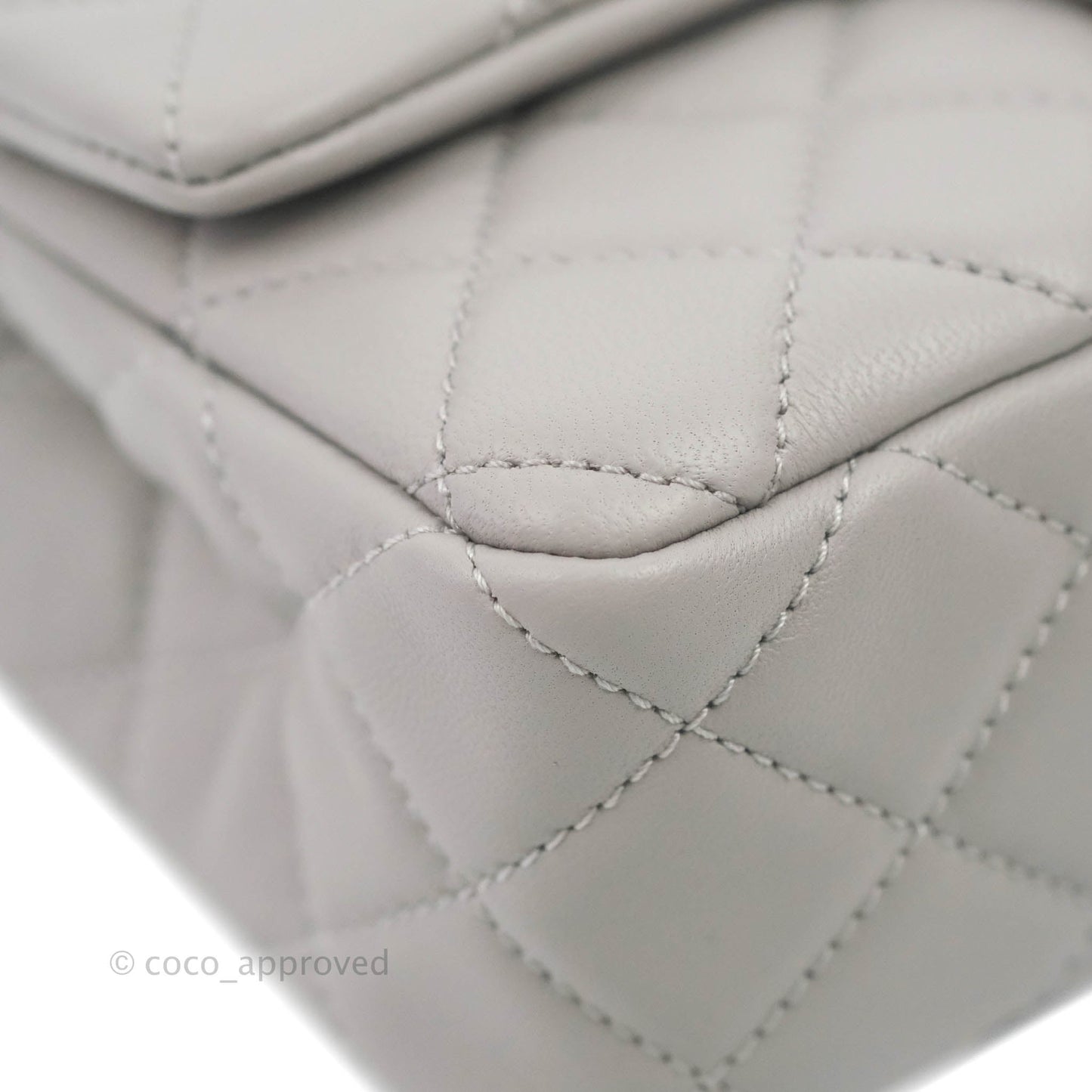 Chanel Mini Rectangular Pearl Crush Quilted Light Grey Lambskin Aged Gold Hardware 22B