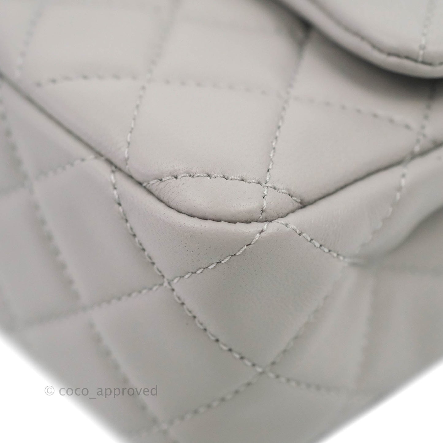 Chanel Mini Rectangular Pearl Crush Quilted Light Grey Lambskin Aged Gold Hardware 22B