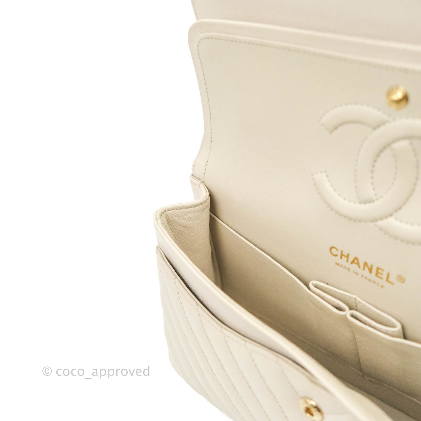 Chanel Classic M/L Medium Double Flap Chevron Ivory Caviar Gold Hardware