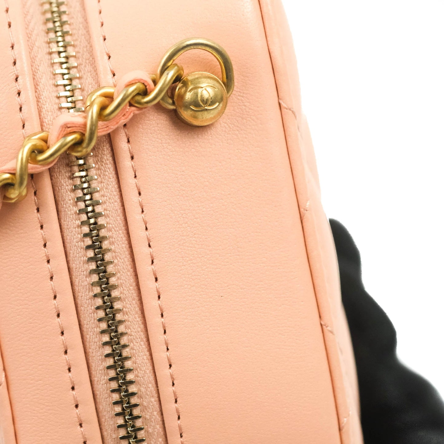 Chanel Mini Pearl Crush Quilted Camera Case Beige Pink Lambskin Aged Gold Hardware