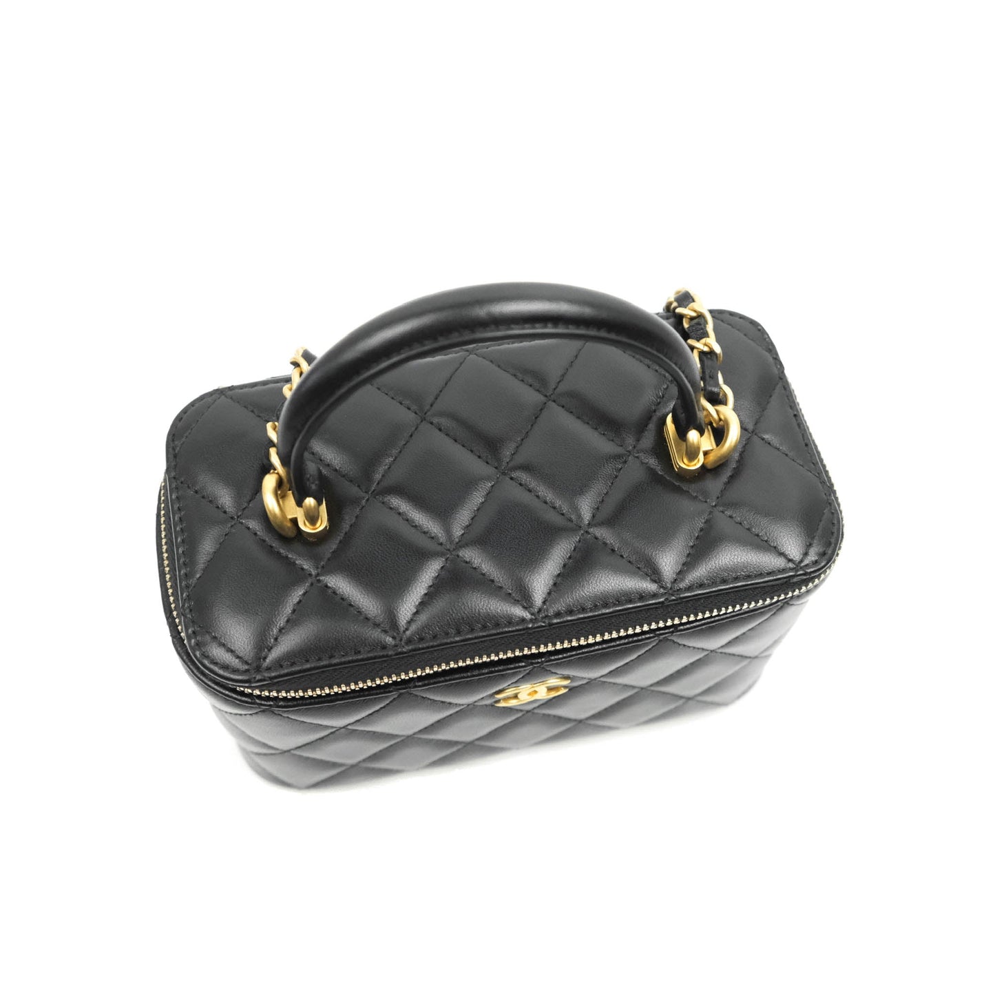 Chanel Classic Vanity Rectangular Top Handle With Chain Black Lambskin Aged Gold Hardware