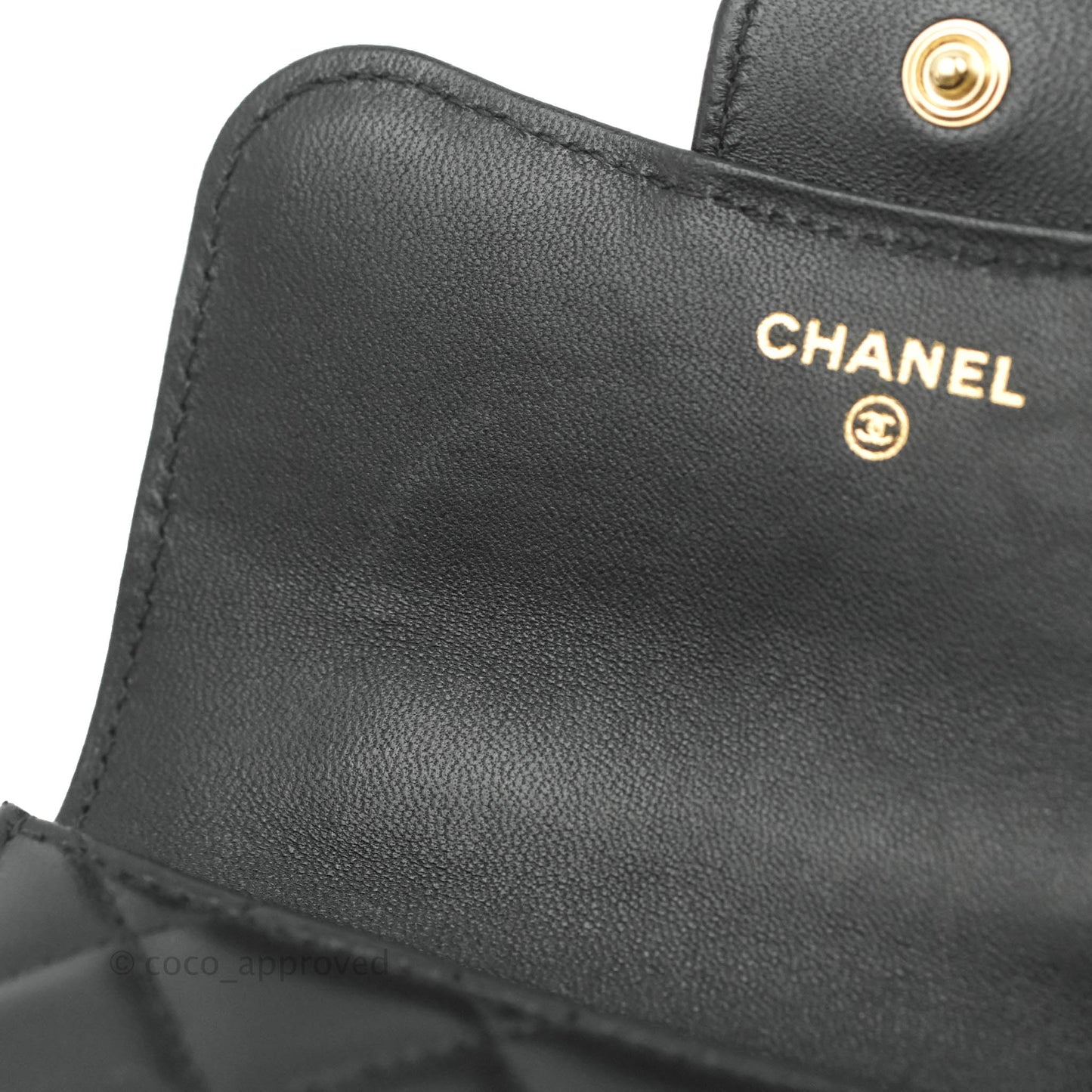 Chanel Mini Handle Flap Coin Purse With Chain Black Lambskin Gold Hardware