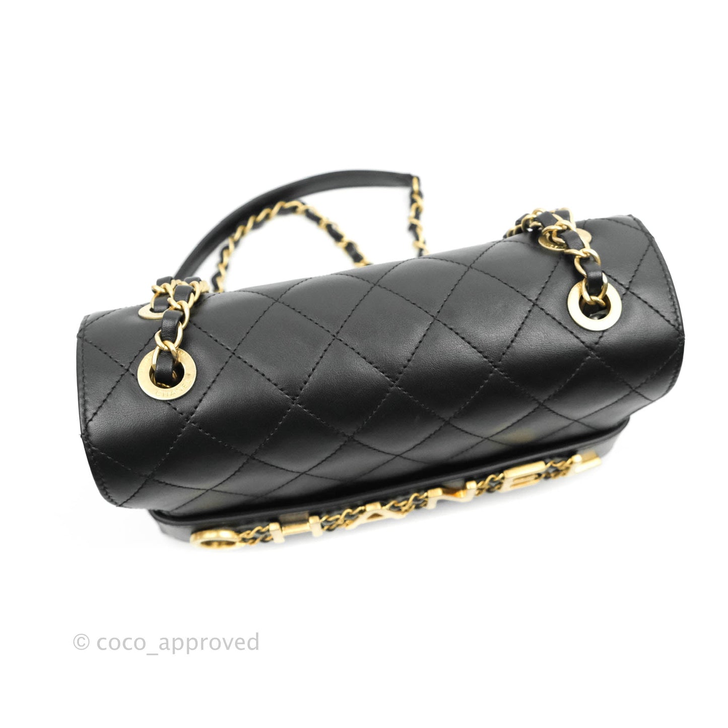 Chanel Logo Enchained Flap Bag Black Calfskin Gold Hardware