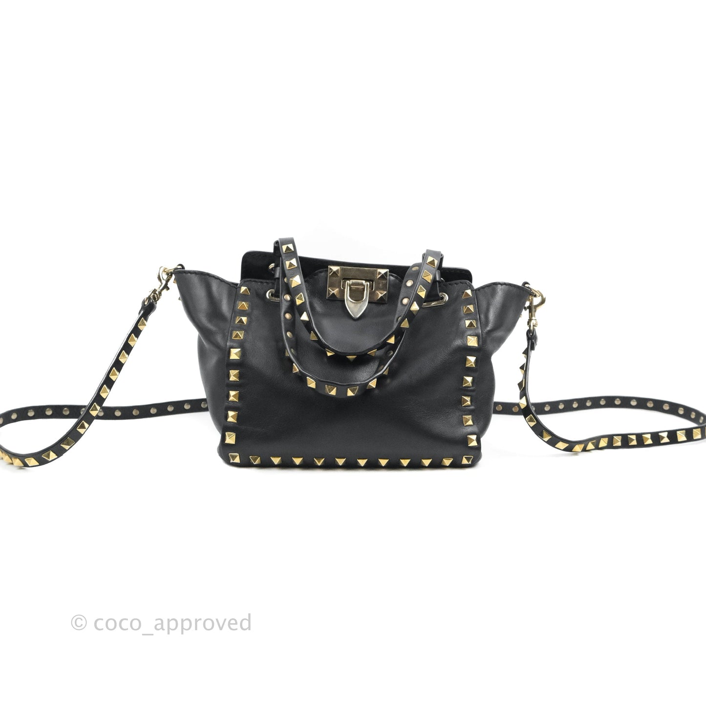 Valentino Garavani Mini Trapeze Rockstud Black Grained Calfskin Gold Hardware