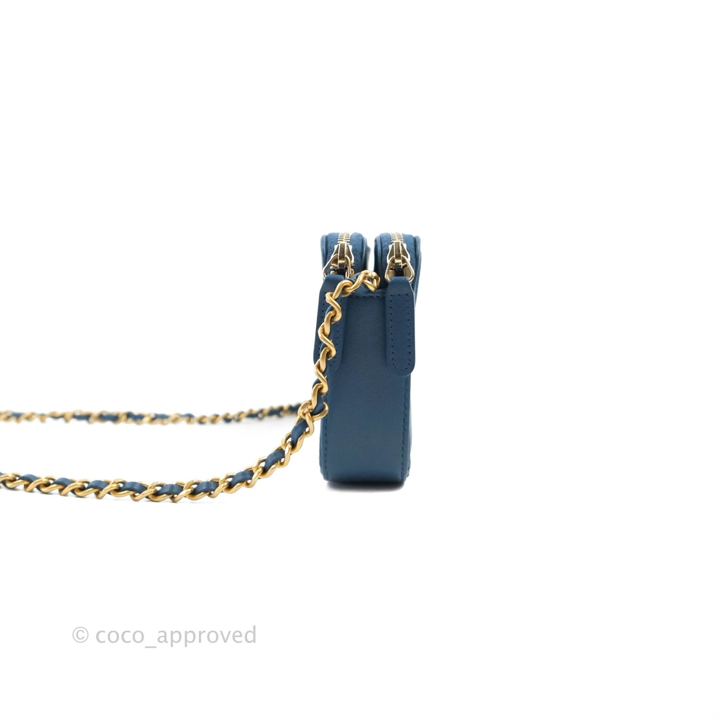 Chanel Boy Double Zip Clutch On Chain Blue Lambskin Aged Gold Hardware