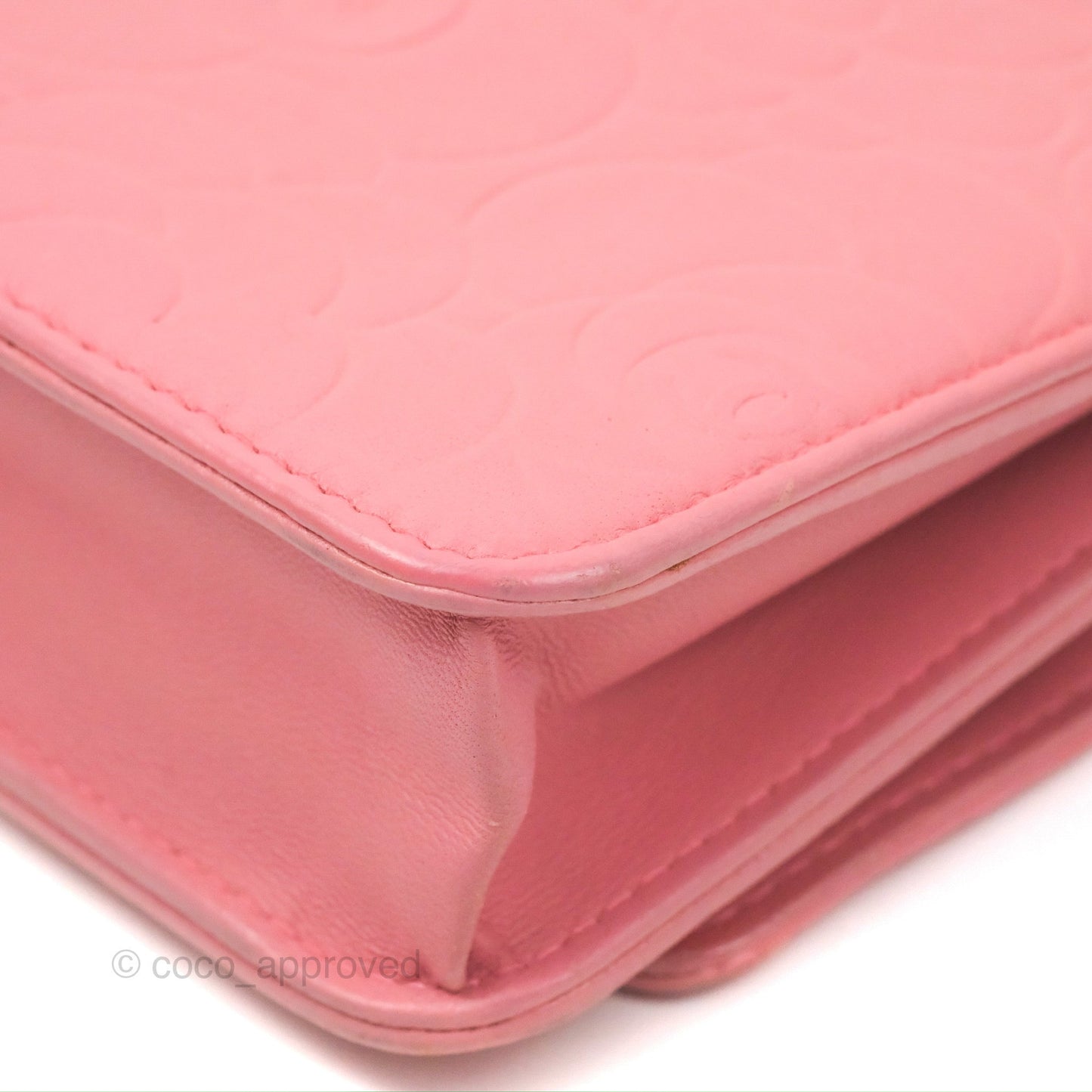 Chanel Camellia Embossed Wallet On Chain WOC Pink Lambskin Silver Hardware