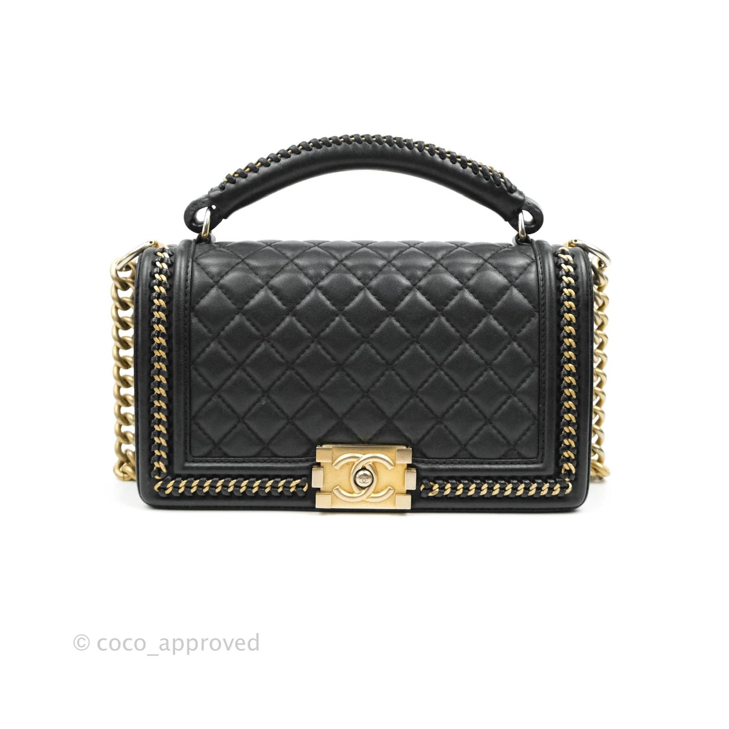 Chanel Quilted Medium Boy With Handle Black Calfskin Aged Gold Hardware