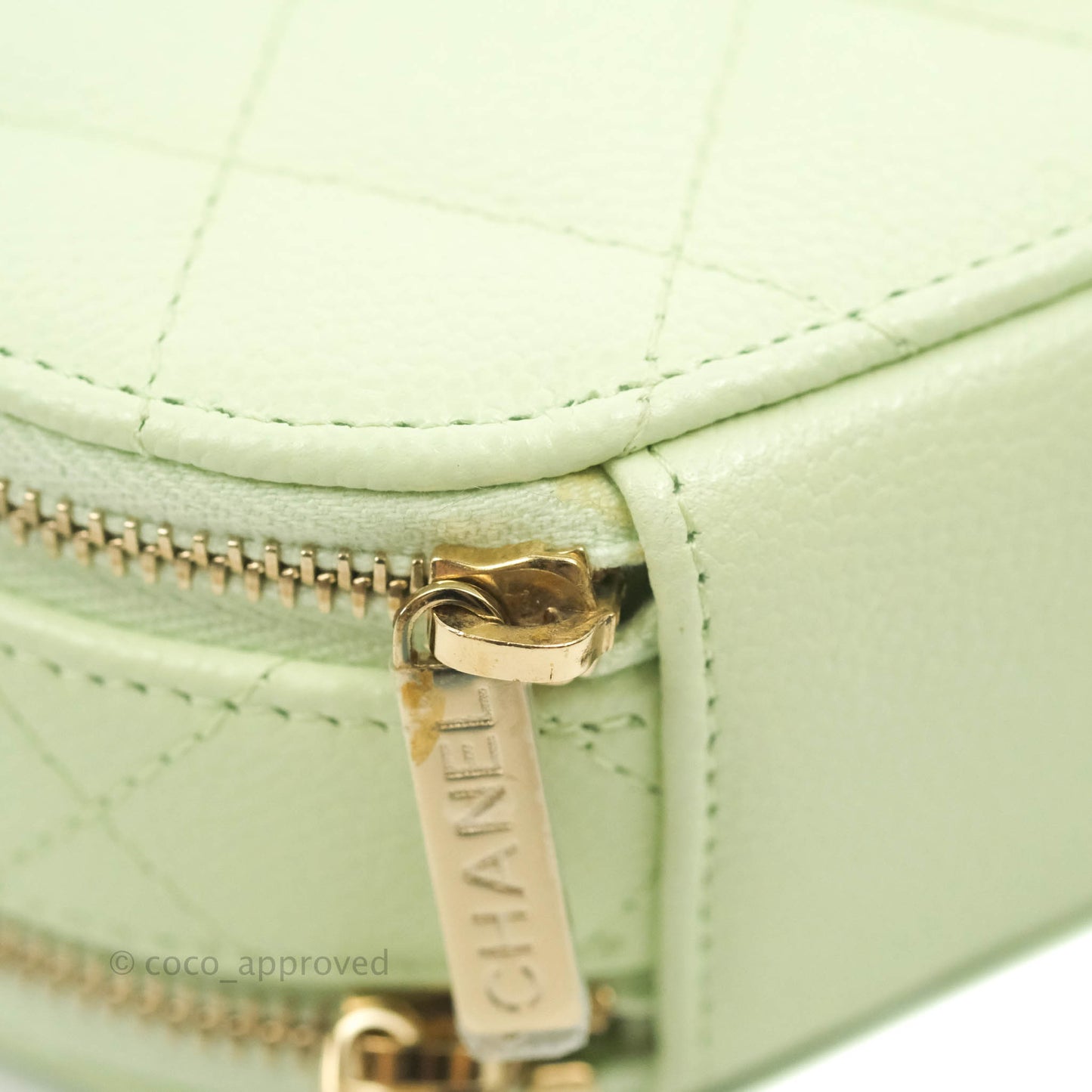 Chanel Mini Round Vanity Bag Handle With Care Light Green Caviar 22C