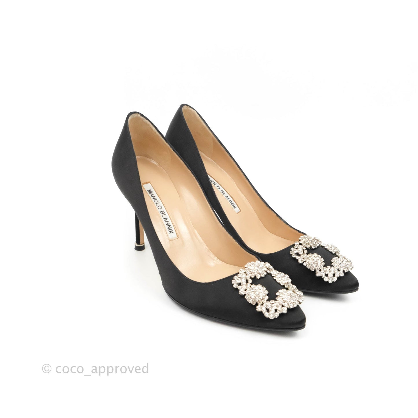 Manolo Blahnik Black Satin Hangisi Jewel Buckle Pumps Size 36.5