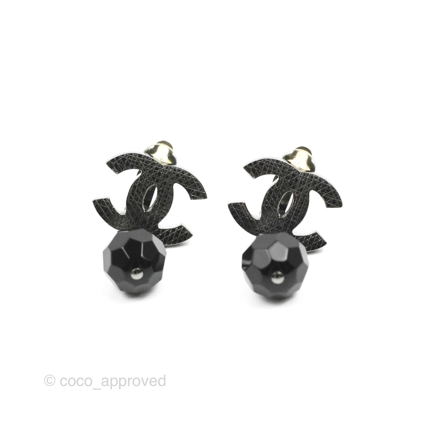 Chanel CC Black Resin Sphere Drop Ear Clip Gun Metal 12V