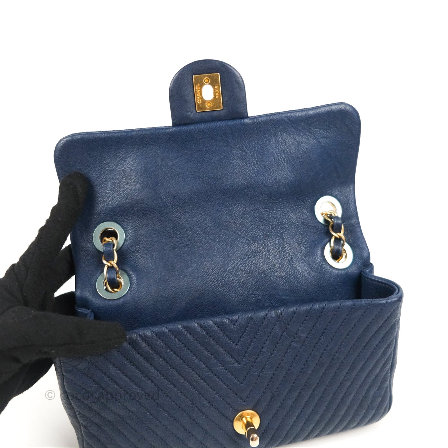 Chanel Small Chevron Surpique Flap Navy Calfskin Aged Gold Hardware