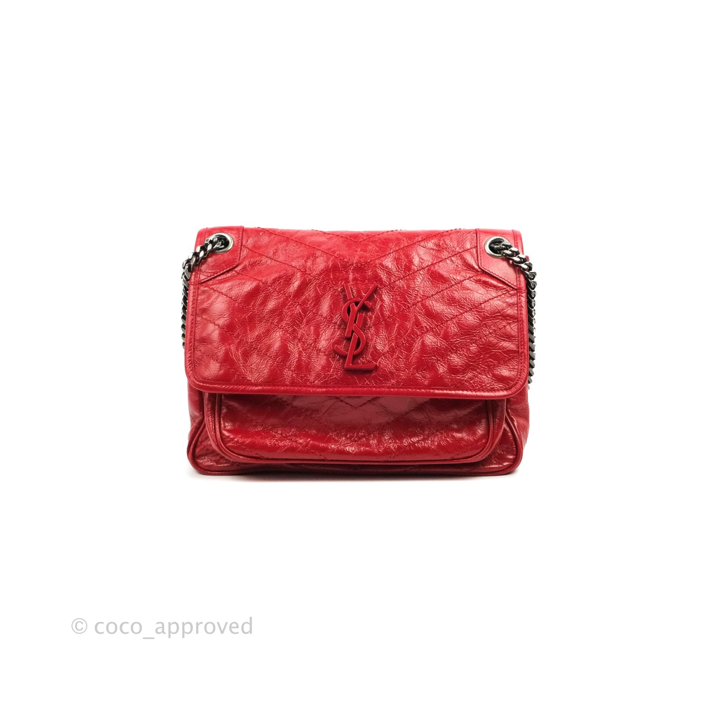 Saint Laurent Medium Crinkled Calfskin Matelasse Monogram Niki Chain Satchel Red Ruthenium Hardware