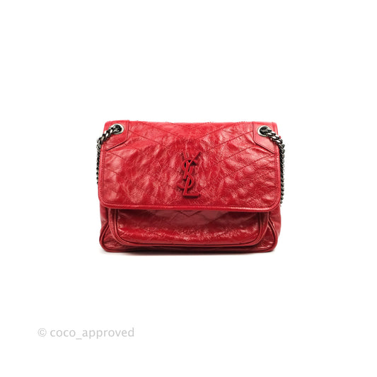 Saint Laurent Medium Crinkled Calfskin Matelasse Monogram Niki Chain Satchel Red Ruthenium Hardware