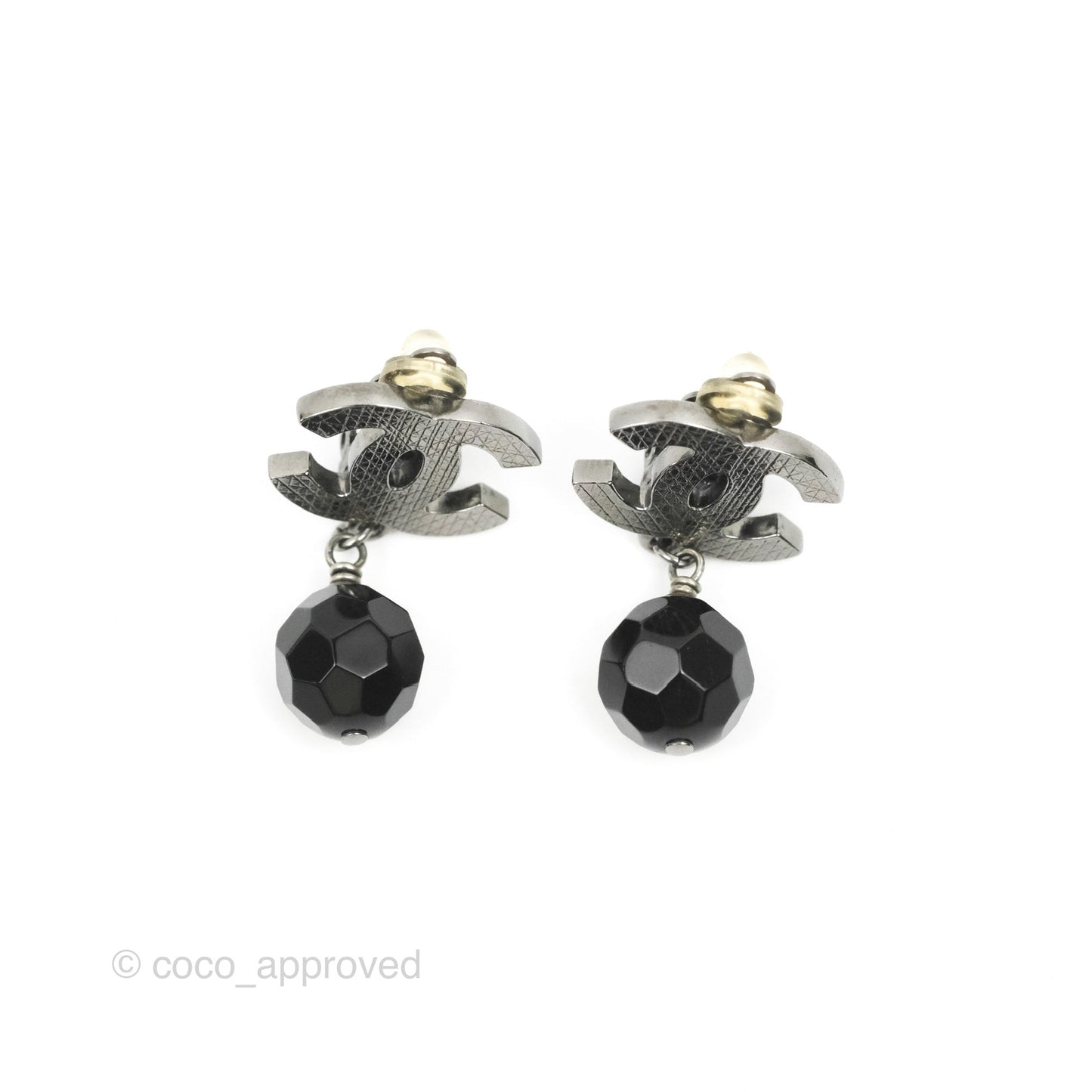 Chanel CC Black Resin Sphere Drop Ear Clip Gun Metal 12V