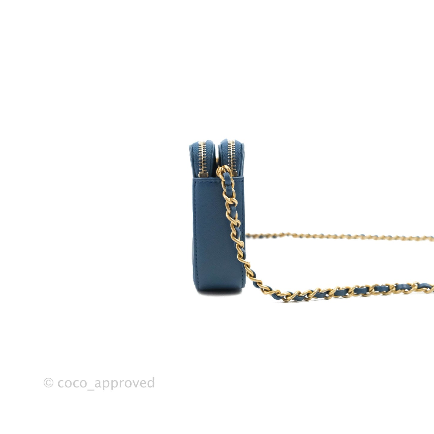 Chanel Boy Double Zip Clutch On Chain Blue Lambskin Aged Gold Hardware