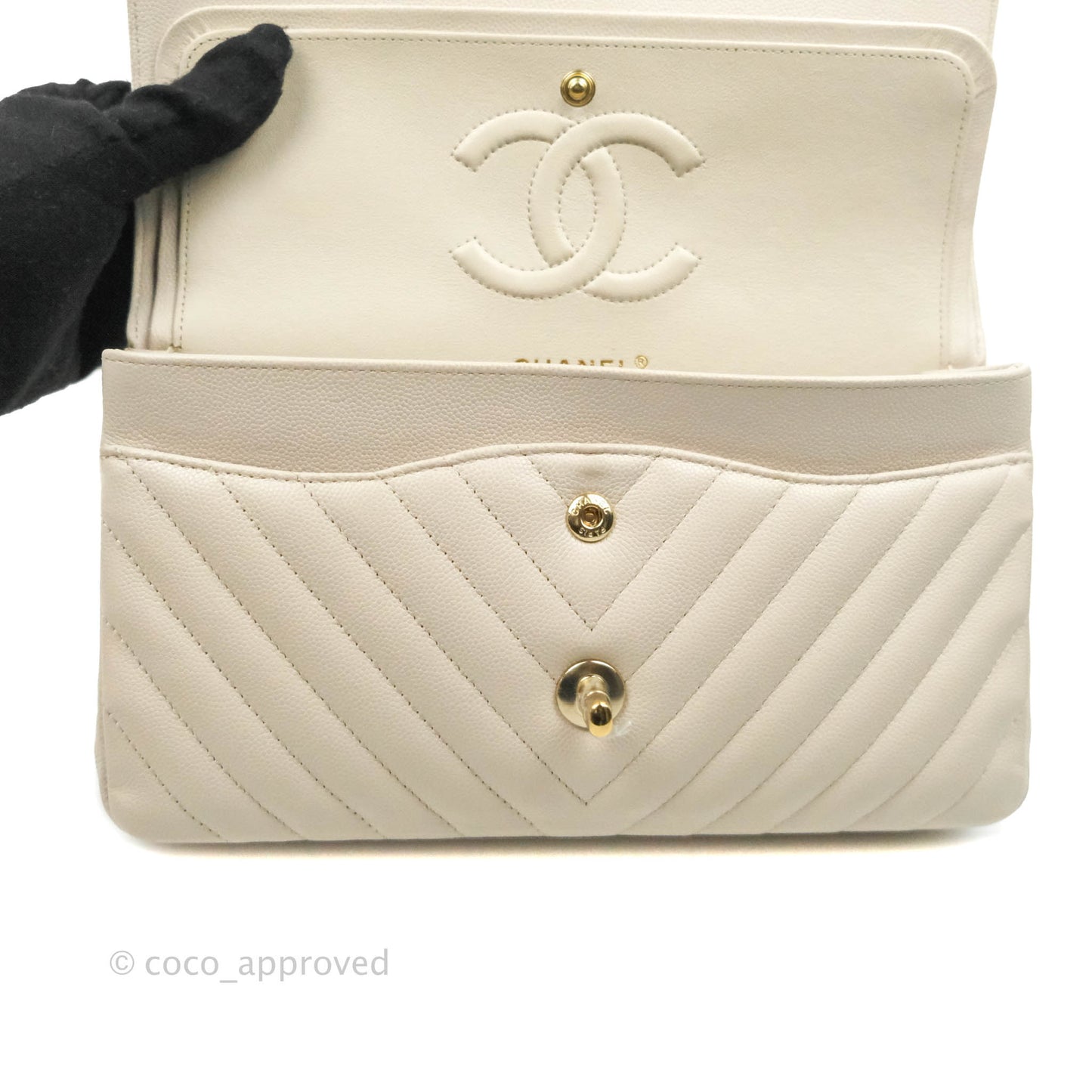 Chanel Classic M/L Medium Double Flap Chevron Ivory Caviar Gold Hardware
