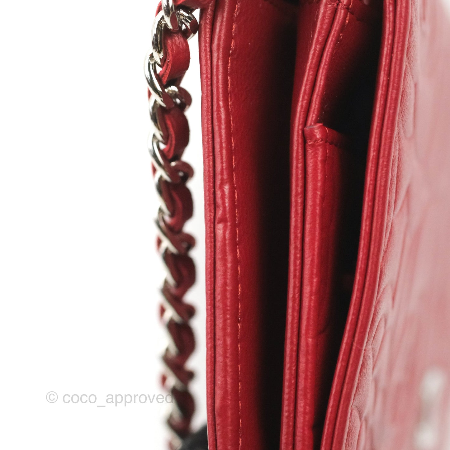 Chanel Camellia Embossed Wallet On Chain WOC Red Lambskin Silver Hardware
