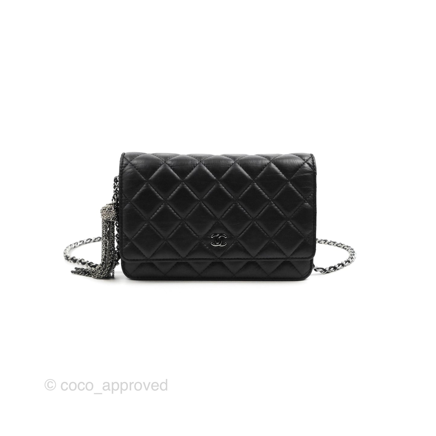 Chanel  Quilted Tassel Wallet On Chain WOC Black Aged Calfskin