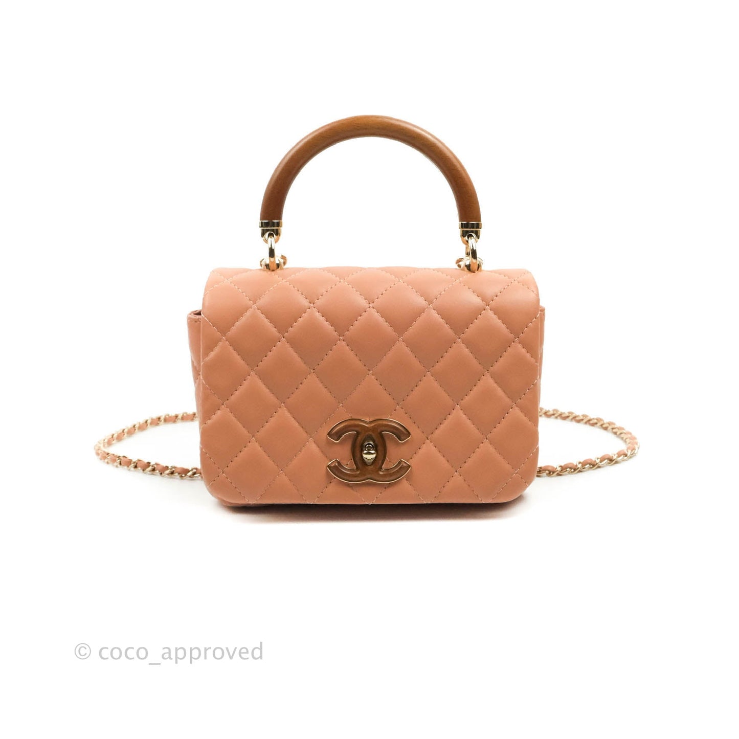 Chanel Quilted Knock On Wood Top Handle Bag Beige Pink Lambskin Gold Hardware